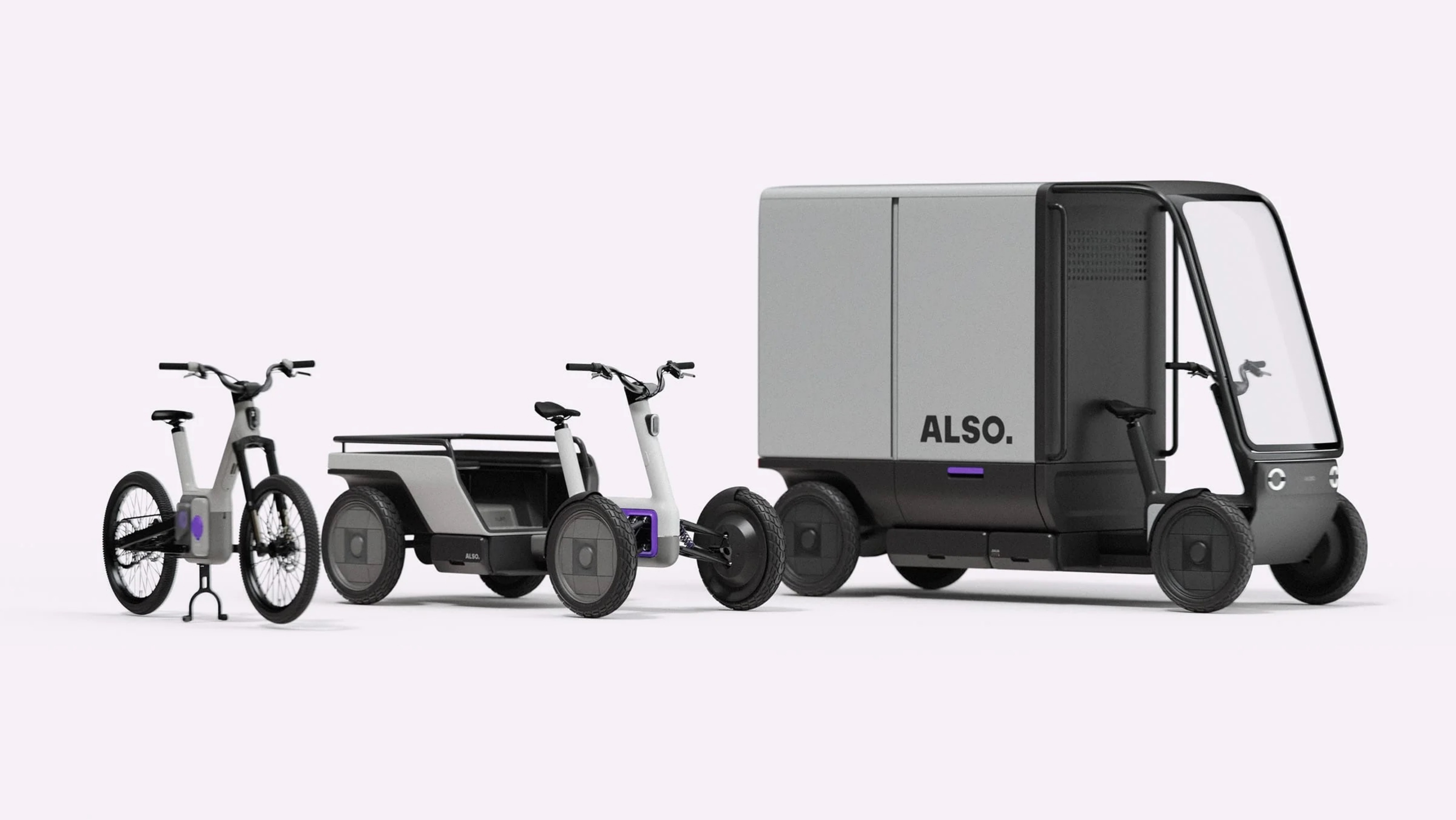The full ALSO product lineup: the TM-B e-bike on the left, the Consumer TM-Q cargo quad in the center, and the larger Commercial TM-Q with enclosed cargo box on the right