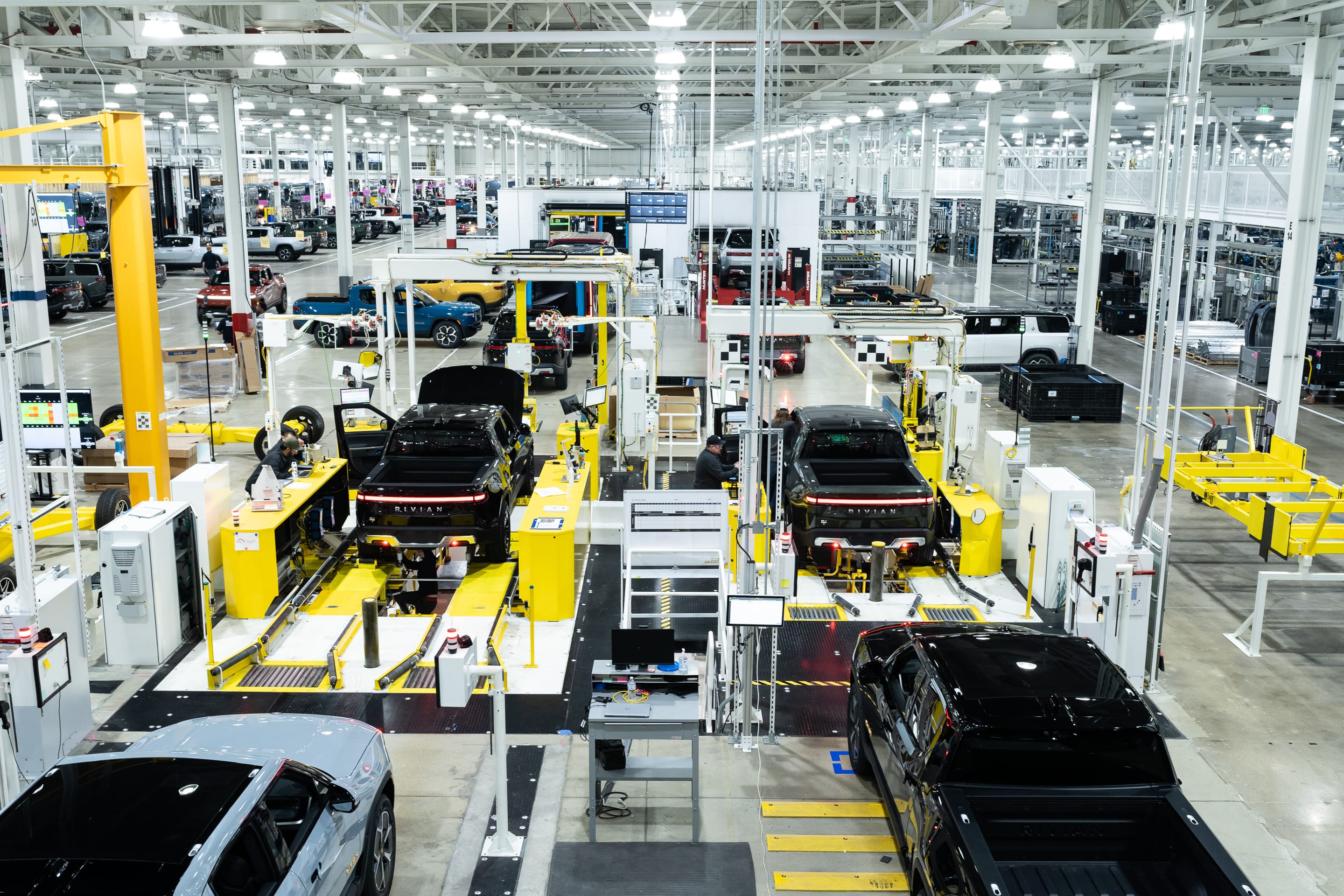 Rivian vehicles on the assembly line at the Normal, Illinois manufacturing plant